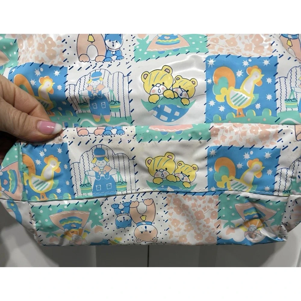 Vtg Vinyl Spectrum Diaper Bag Tote Teddy Bears Cat Rooster Pastel 90s